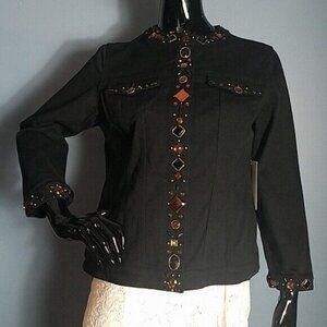 NWT Laura Ashley Black Jacket Jeweled Accents Buttons up Medium